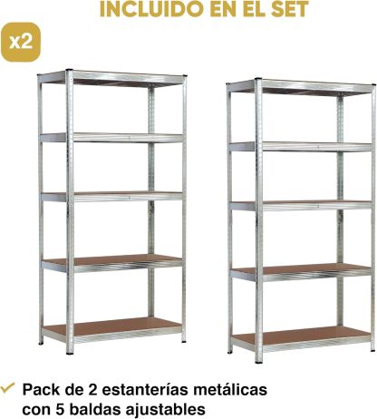 Pack 2 Estanterías Metálicas 180×90×40 cm | 5 Baldas MDF Ajustables, Acero Galvanizado para Garaje y Trastero