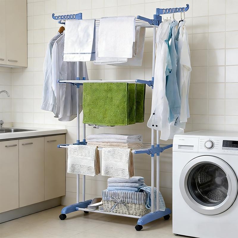 Étendoir à Linge Pliable 4 Niveaux en Acier Inoxydable avec Roues, Grande Capacité de Séchage
