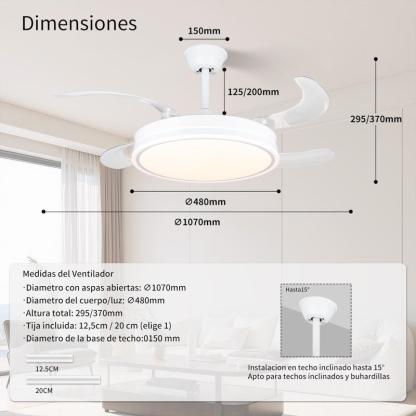 Ventilador de Techo con Luz LED y Mando a Distancia | Motor DC Silencioso, Aspas Retráctiles, 6 Velocidades y Temporizador