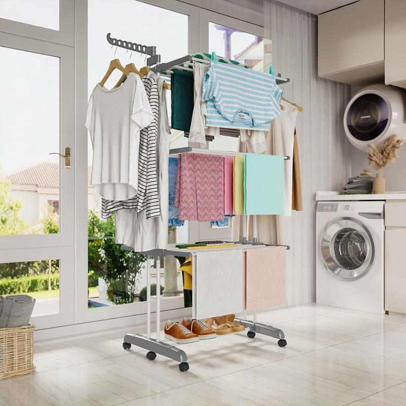Tendedero de Ropa Plegable de 4 Niveles | Acero Inoxidable, con Ruedas y Gran Capacidad de Secado