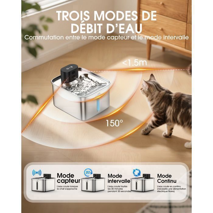 Fontaine à Eau pour Chat 3,5 L – Inox, Sans Fil, Détection de Mouvement