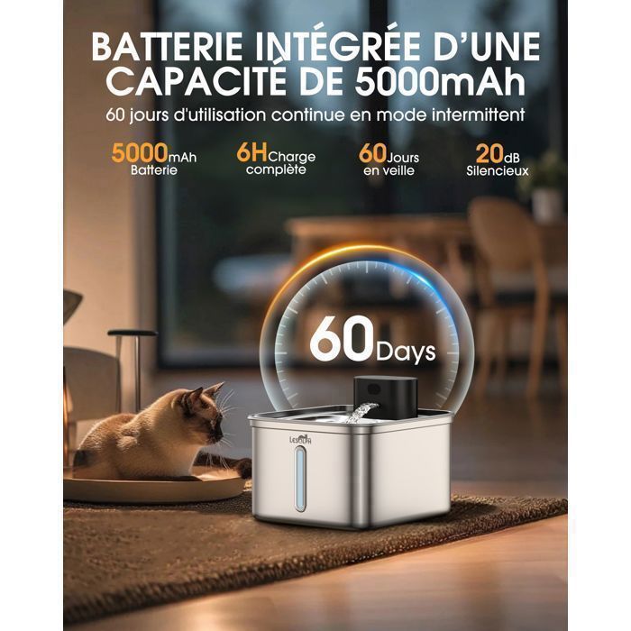 Fontaine à Eau pour Chat 3,5 L – Inox, Sans Fil, Détection de Mouvement