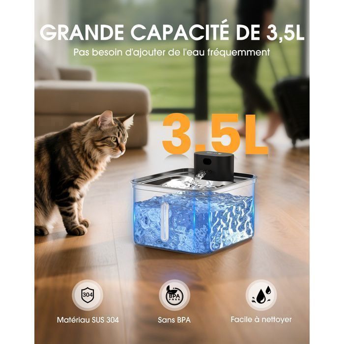 Fontaine à Eau pour Chat 3,5 L – Inox, Sans Fil, Détection de Mouvement
