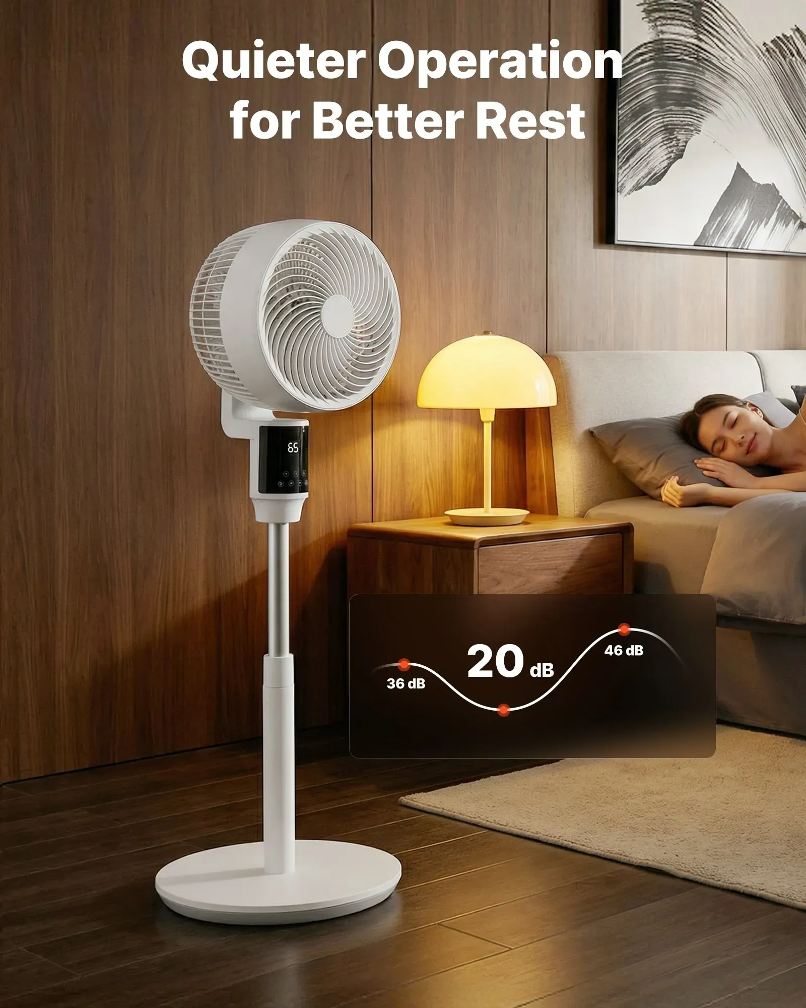 Ventilateur sur Pied 23 cm, Moteur CC Silencieux, Télécommande, Oscillation 80°, 9 Vitesses, 4 Modes, Minuterie 24 h, Hauteur Réglable, Blanc