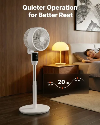 Ventilateur sur Pied 23 cm, Moteur CC Silencieux, Télécommande, Oscillation 80°, 9 Vitesses, 4 Modes, Minuterie 24 h, Hauteur Réglable, Blanc