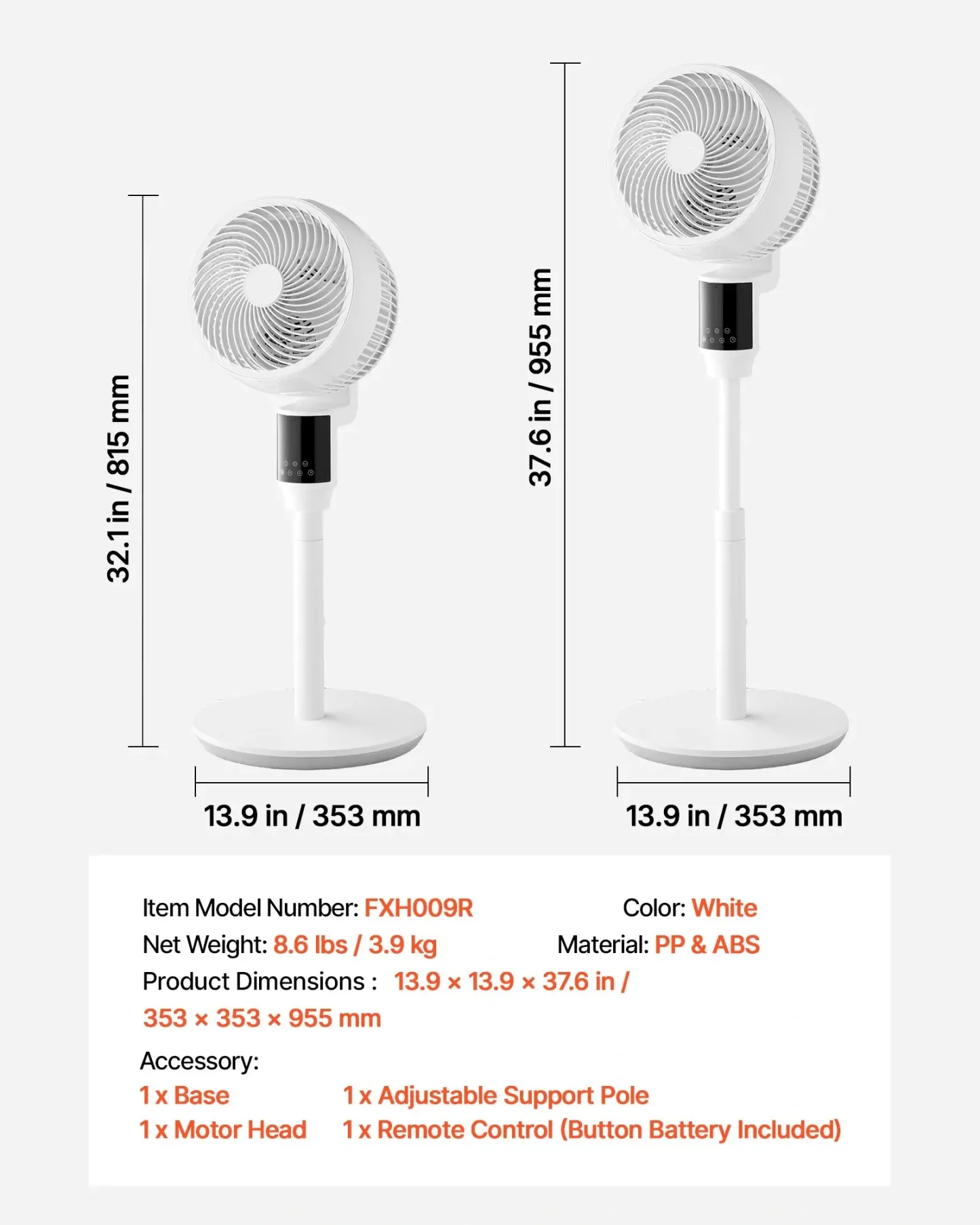 Ventilateur sur Pied 23 cm, Moteur CC Silencieux, Télécommande, Oscillation 80°, 9 Vitesses, 4 Modes, Minuterie 24 h, Hauteur Réglable, Blanc