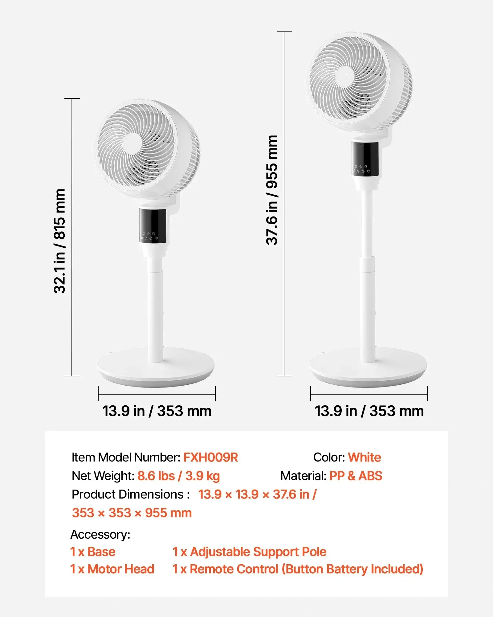Ventilateur sur Pied 23 cm, Moteur CC Silencieux, Télécommande, Oscillation 80°, 9 Vitesses, 4 Modes, Minuterie 24 h, Hauteur Réglable, Blanc