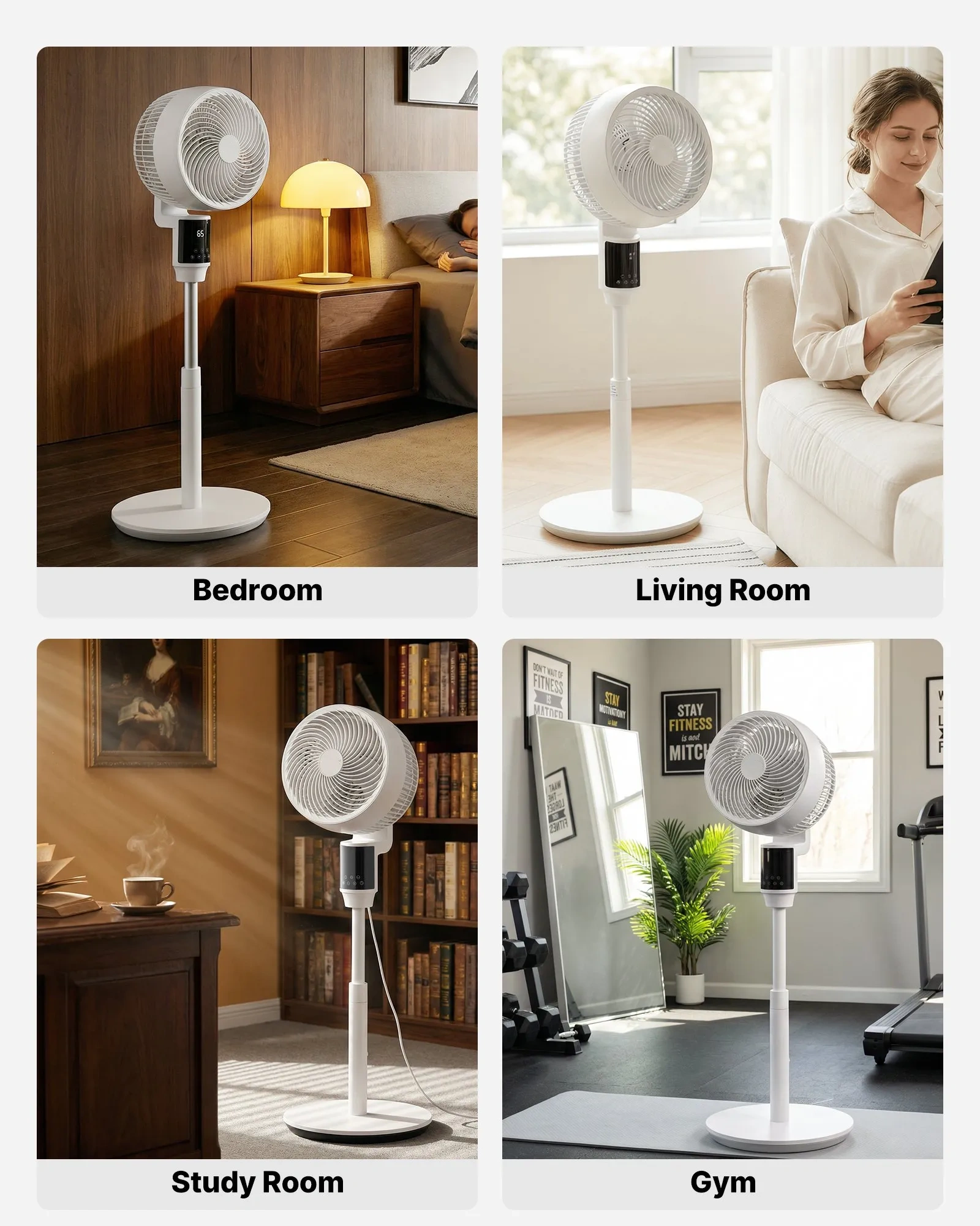 Ventilateur sur Pied 23 cm, Moteur CC Silencieux, Télécommande, Oscillation 80°, 9 Vitesses, 4 Modes, Minuterie 24 h, Hauteur Réglable, Blanc