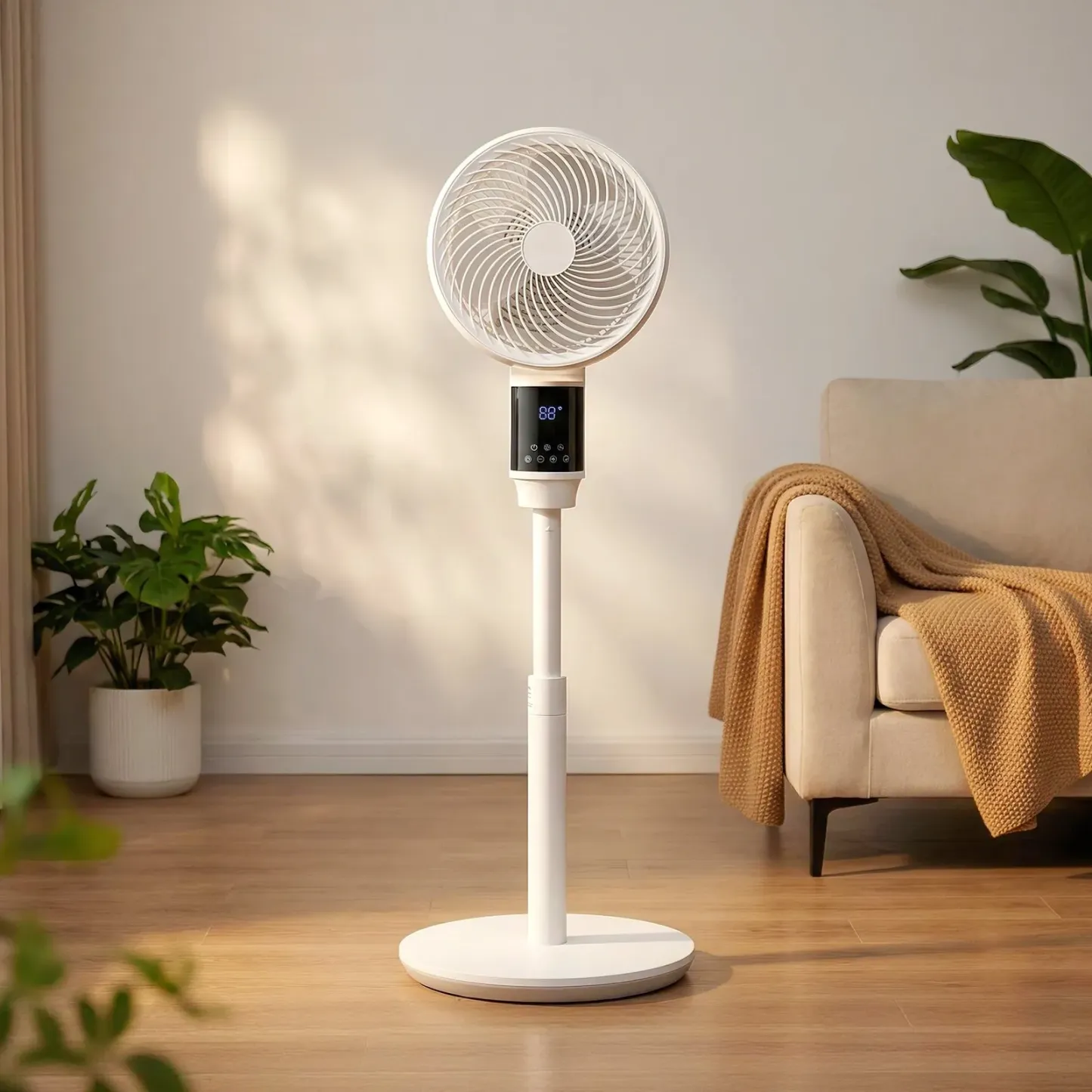 Ventilateur sur Pied 23 cm, Moteur CC Silencieux, Télécommande, Oscillation 80°, 9 Vitesses, 4 Modes, Minuterie 24 h, Hauteur Réglable, Blanc