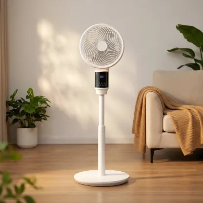 Ventilateur sur Pied 23 cm, Moteur CC Silencieux, Télécommande, Oscillation 80°, 9 Vitesses, 4 Modes, Minuterie 24 h, Hauteur Réglable, Blanc
