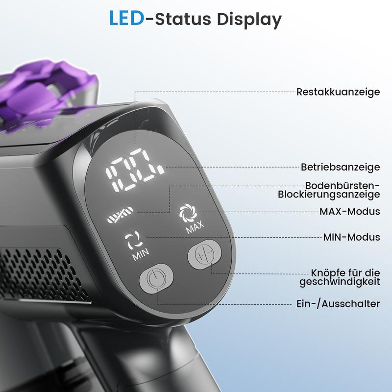 Aspiradora sin Cable 250W, 25.000 Pa, 45 Min, Pantalla LED, Antienredos, para Suelos, Alfombras y Mascotas