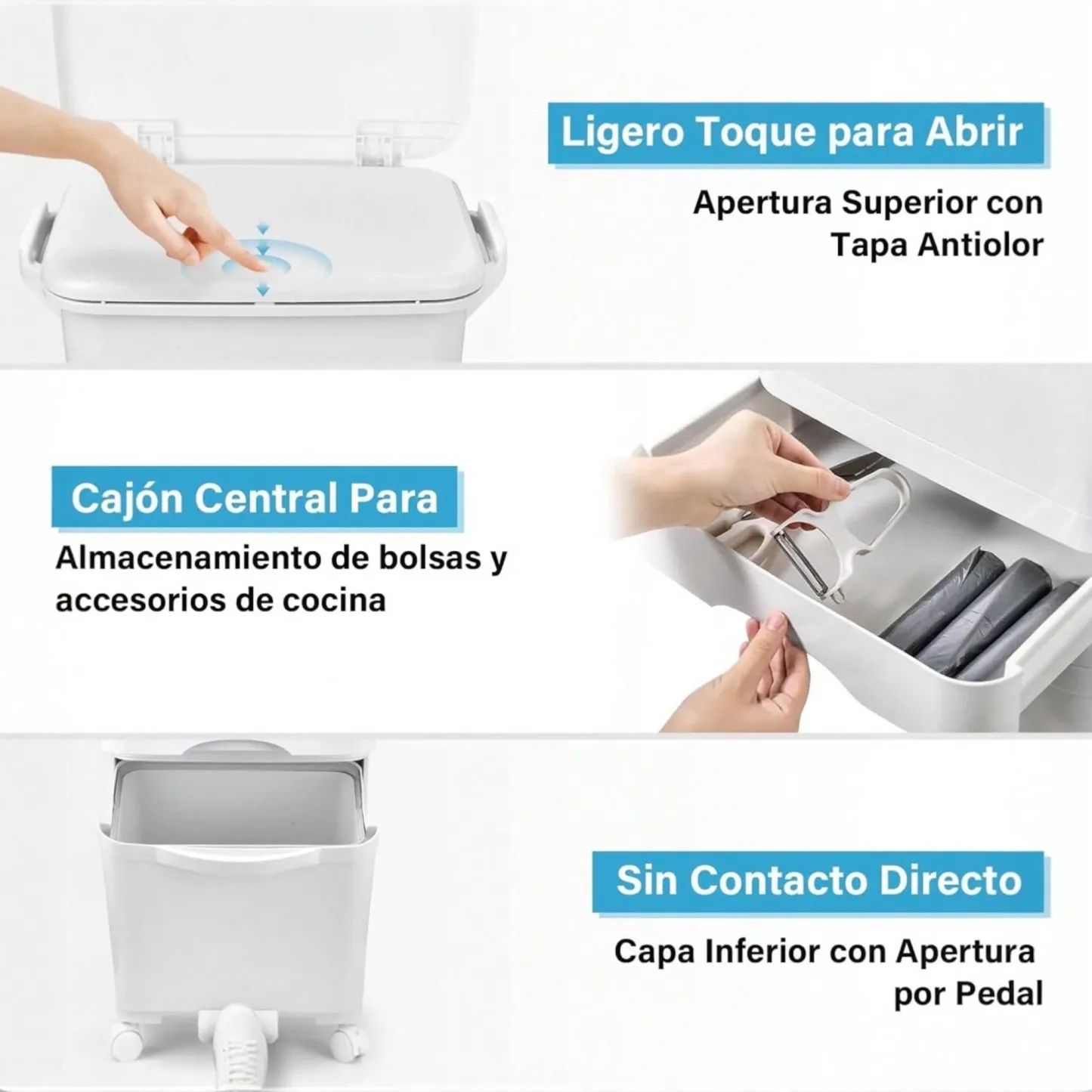 Cubo de Basura con 3 Compartimentos 43,2 L | Reciclaje y Pedal