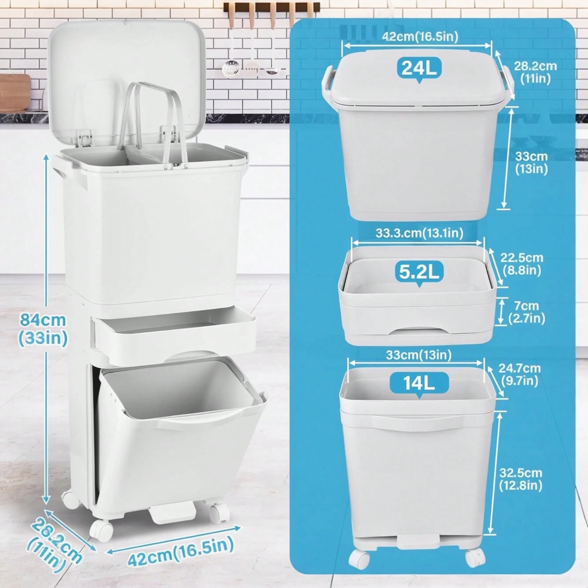 Cubo de Basura con 3 Compartimentos 43,2 L | Reciclaje y Pedal