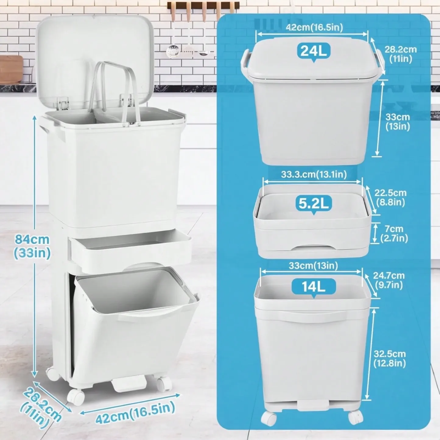 Cubo de Basura con 3 Compartimentos 43,2 L | Reciclaje y Pedal