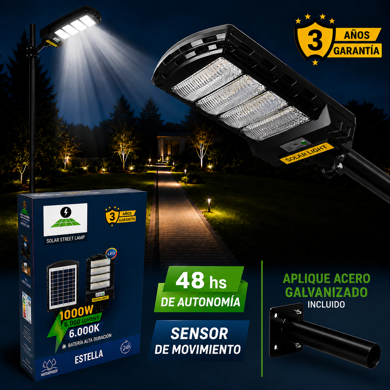 Lámpara Solar LED 1000W con Mando a Distancia y Soporte Galvanizado | Iluminación Exterior