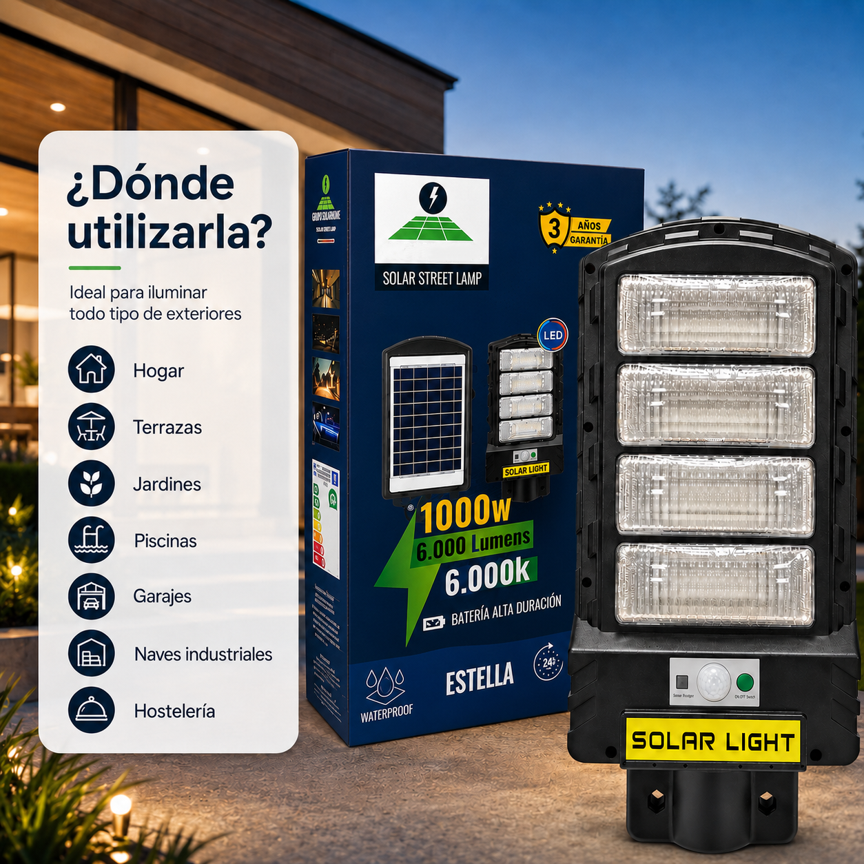 Lámpara Solar LED 1000W con Mando a Distancia y Soporte Galvanizado | Iluminación Exterior