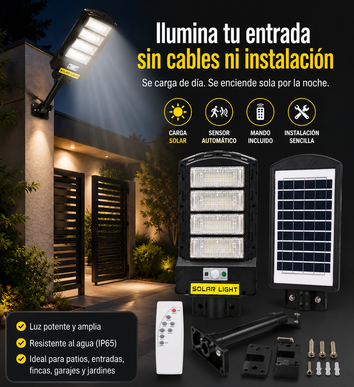 Lámpara Solar LED 1000W con Mando a Distancia y Soporte Galvanizado | Iluminación Exterior