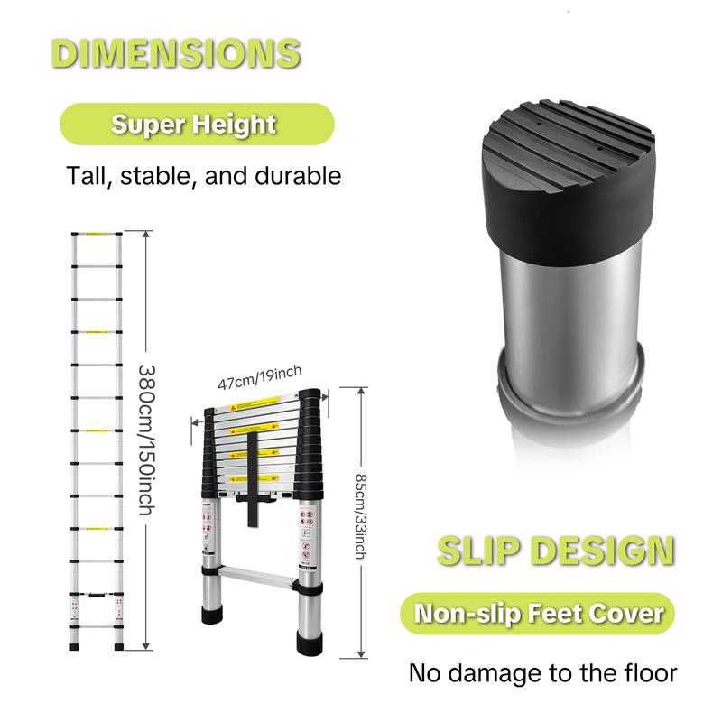 Escalera Telescópica de Aluminio 3,8 m | Plegable y Portátil, Carga Máxima 150 kg con Patas Antideslizantes