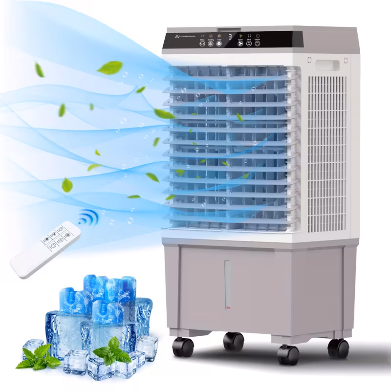 evaporative air cooler 1800cfm swamp cooler with 12h timer 110 remote 3 gal water tank 3 packs 3 in 1 evaporative cooler for outdoor indoor use Product details 1