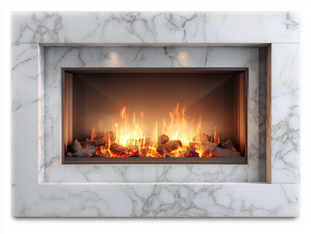 Kamin aus Naturstein 180x38x120 cm - Weiß-Grau - geeignet für Wohnzimmer - modernes Design mit rechteckiger Feueröffnung-Solinnanest