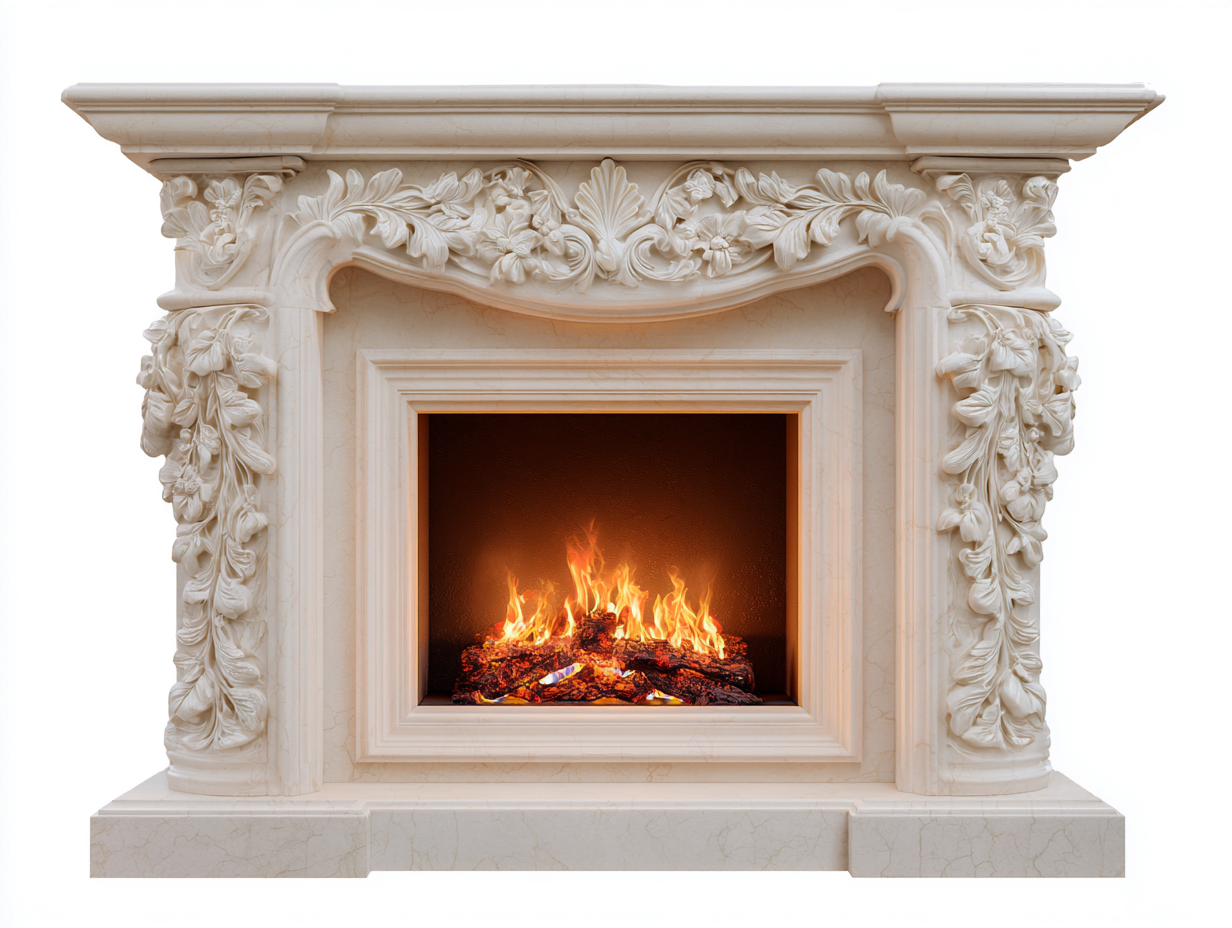 Kamin aus Naturstein 170x42x138 cm - Cremeweiß - geeignet für Wohnzimmer - klassisches Design mit floralen Reliefverzierungen-Solinnanest
