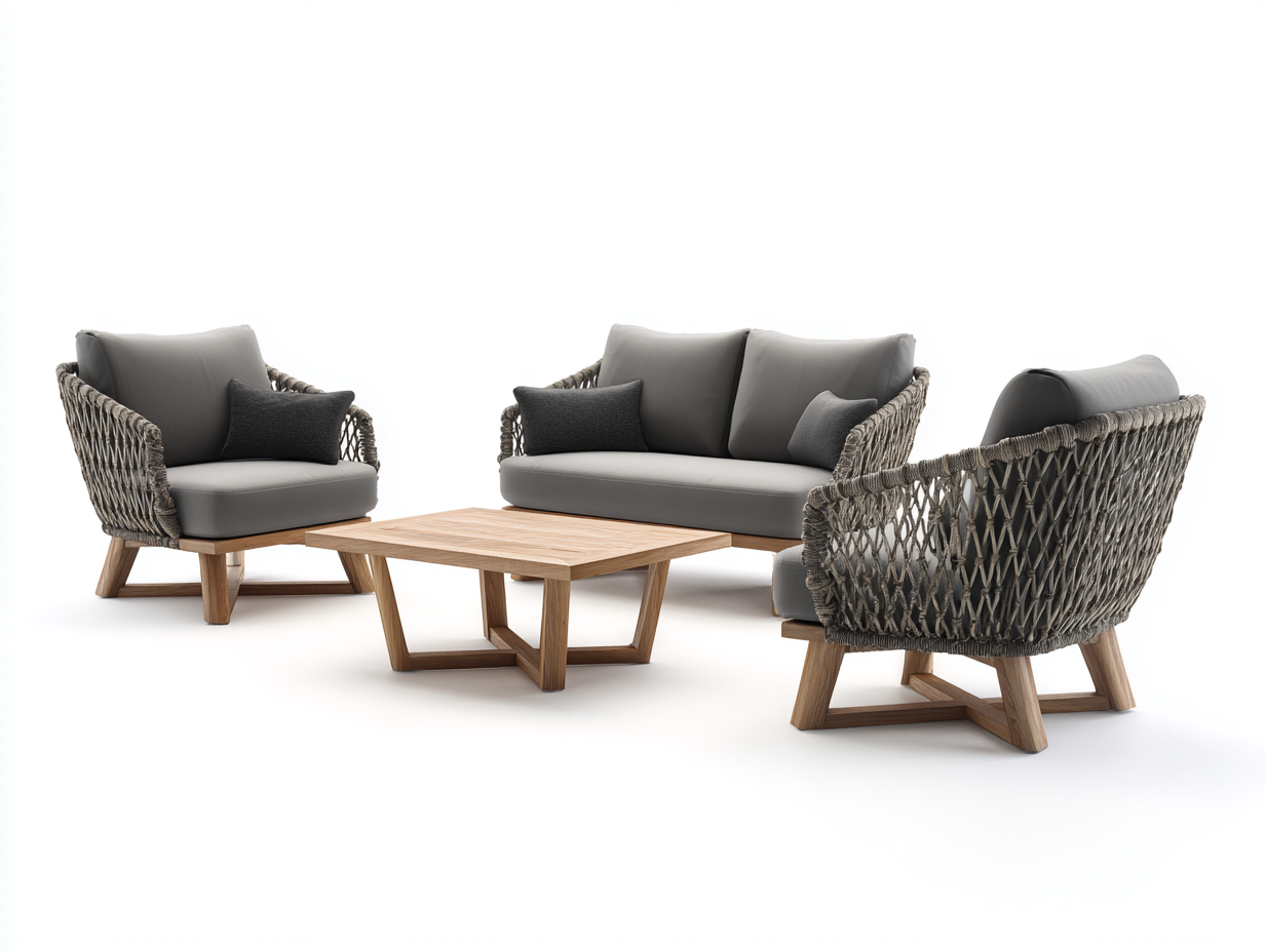 Gartensofa aus Seilgeflecht und Holz 235x80x82 cm - Grau-Naturbraun - geeignet für Außenbereiche - modernes Design-Solinnanest