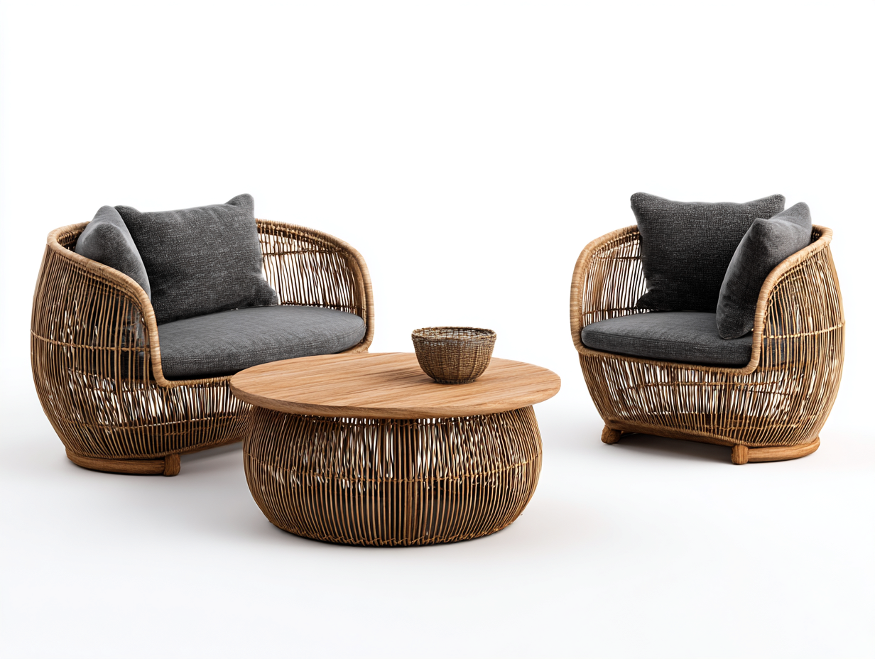 Gartensofa Set Rattan und Stoff 182x78x76 cm - Natur-Anthrazit - modernes Design für den Garten-Solinnanest