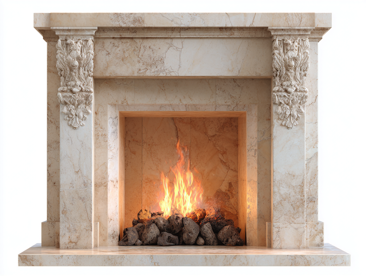 Kamin aus Naturstein 160x40x135 cm - Beige - geeignet für Wohnzimmer - klassisches Design mit dekorativen Säulenelementen-Solinnanest