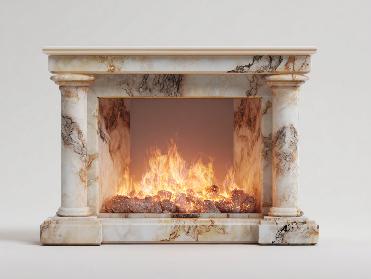 Kamin Steinoptik 158x36x118 cm - Cremeweiß-Beige - klassisches Design für das Wohnzimmer-Solinnanest