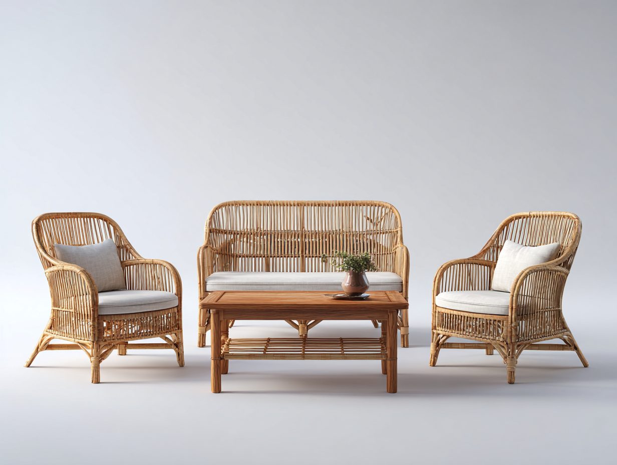 Gartensofa Set 4-teilig 185x70x88 cm - Rattan-Holz Braun-Cremeweiß - mit 2 Sesseln und Tisch im natürlichen Design-Solinnanest