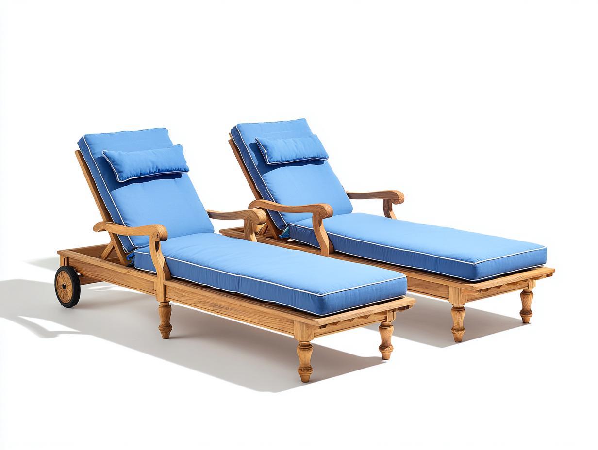 Sonnenliege 2er Set 200x75x92 cm - Holz-Stoff Hellbraun-Blau - mit verstellbarer Rückenlehne im klassischen Design-Solinnanest