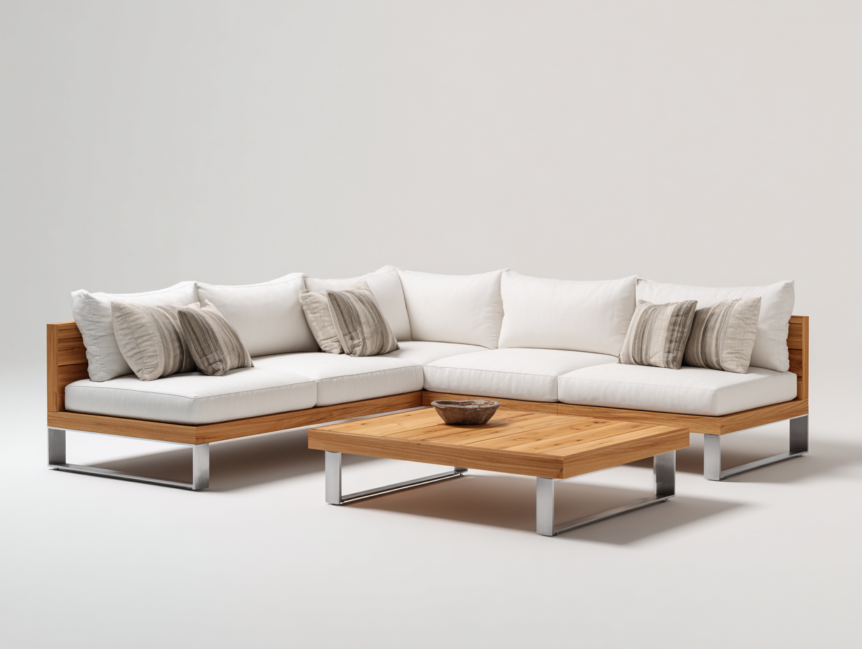 Gartensofa Holz-Metall 280x280x78 cm und 100x100x32 cm Natur-Weiß - Lounge-Set mit Couchtisch im modernen Design-Solinnanest