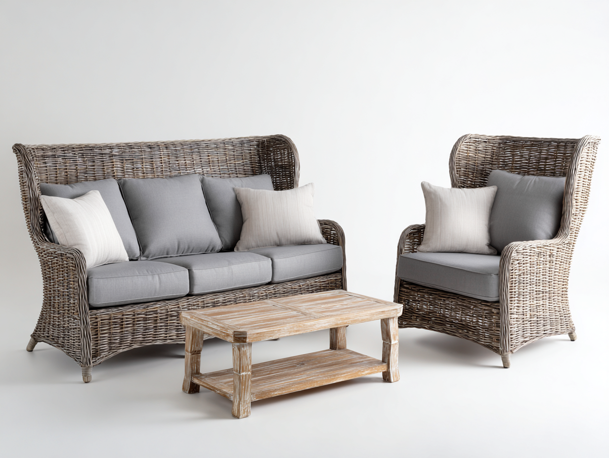 Gartensofa Polyrattan-Holz 185x82x108 cm und 92x82x108 cm und 110x60x45 cm Braun-Grau - Lounge-Set mit Couchtisch im Landhausstil-Solinnanest