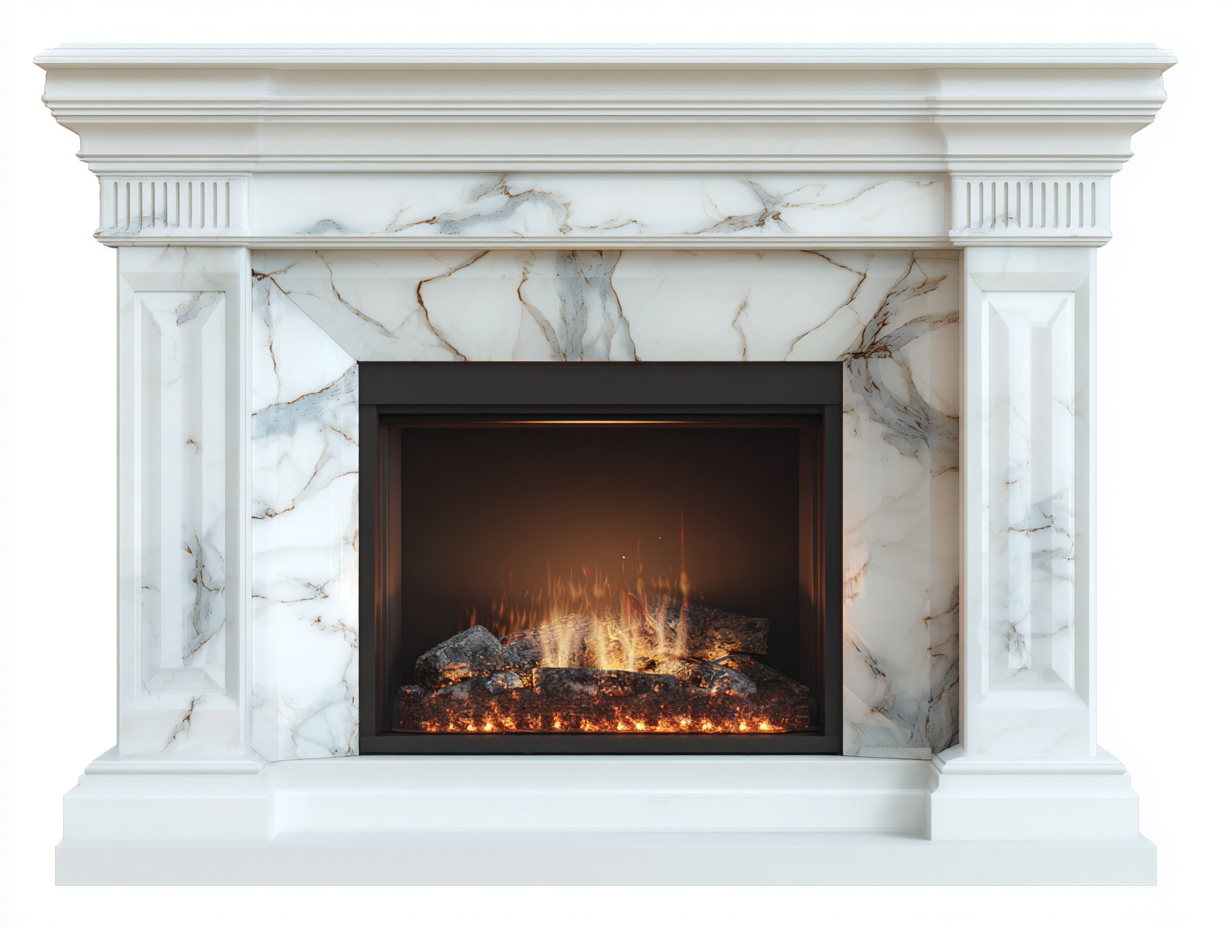 Kamin 150x38x120 cm - Kunststein-Metall - Weiß-Goldgrau-Schwarz - freistehend - klassisches Design-Solinnanest