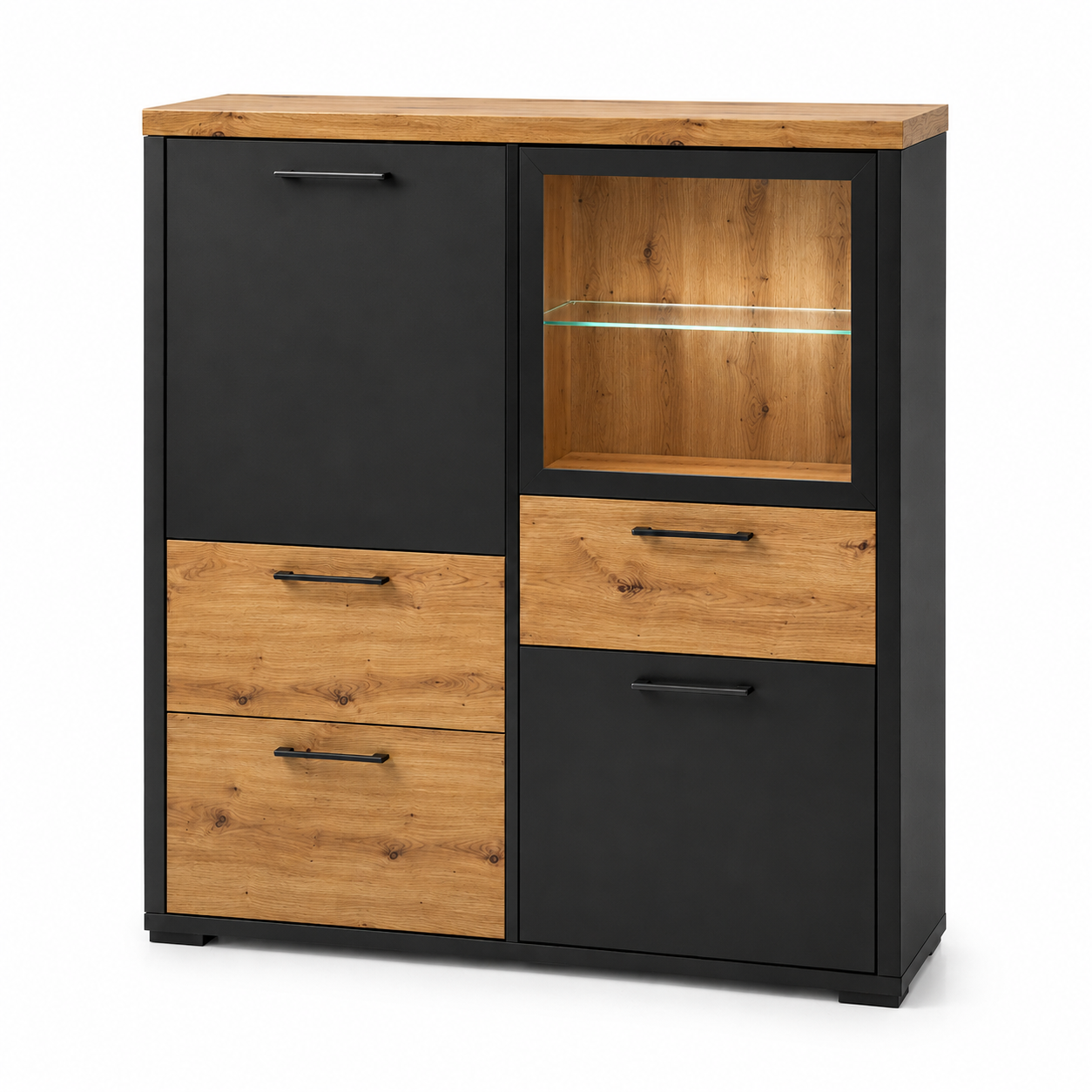Highboard Schwarz Eiche Artisan mit Glaseinsatz 120x140 cm-Heimvista