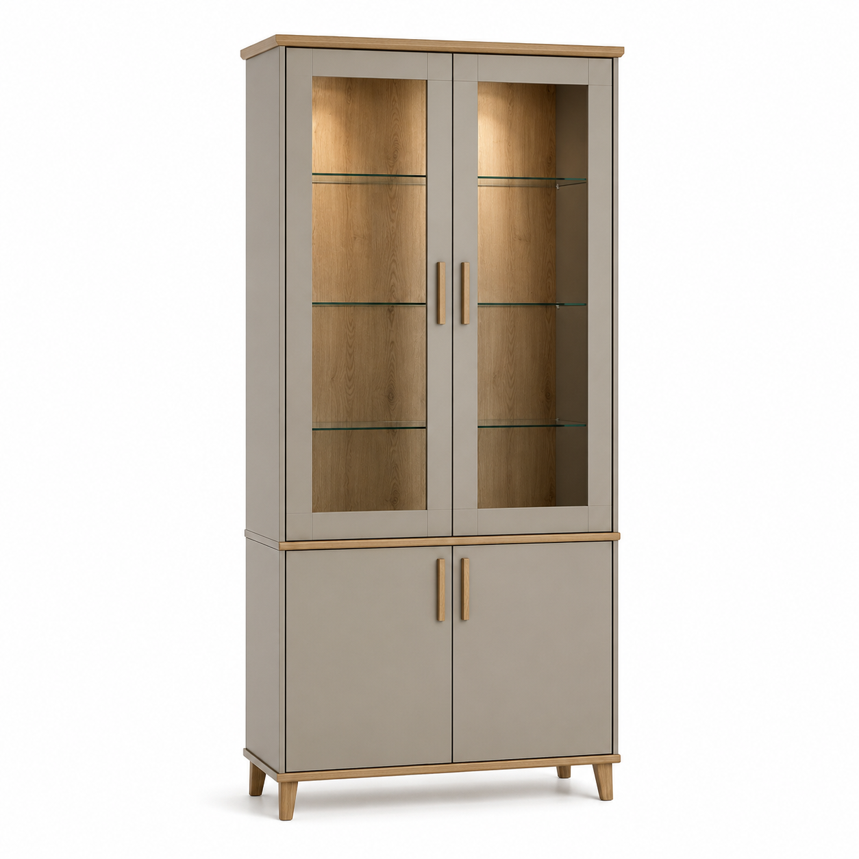 Vitrinenschrank Greige mit Glasfront und Holzoptik 95x185 cm-Heimvista
