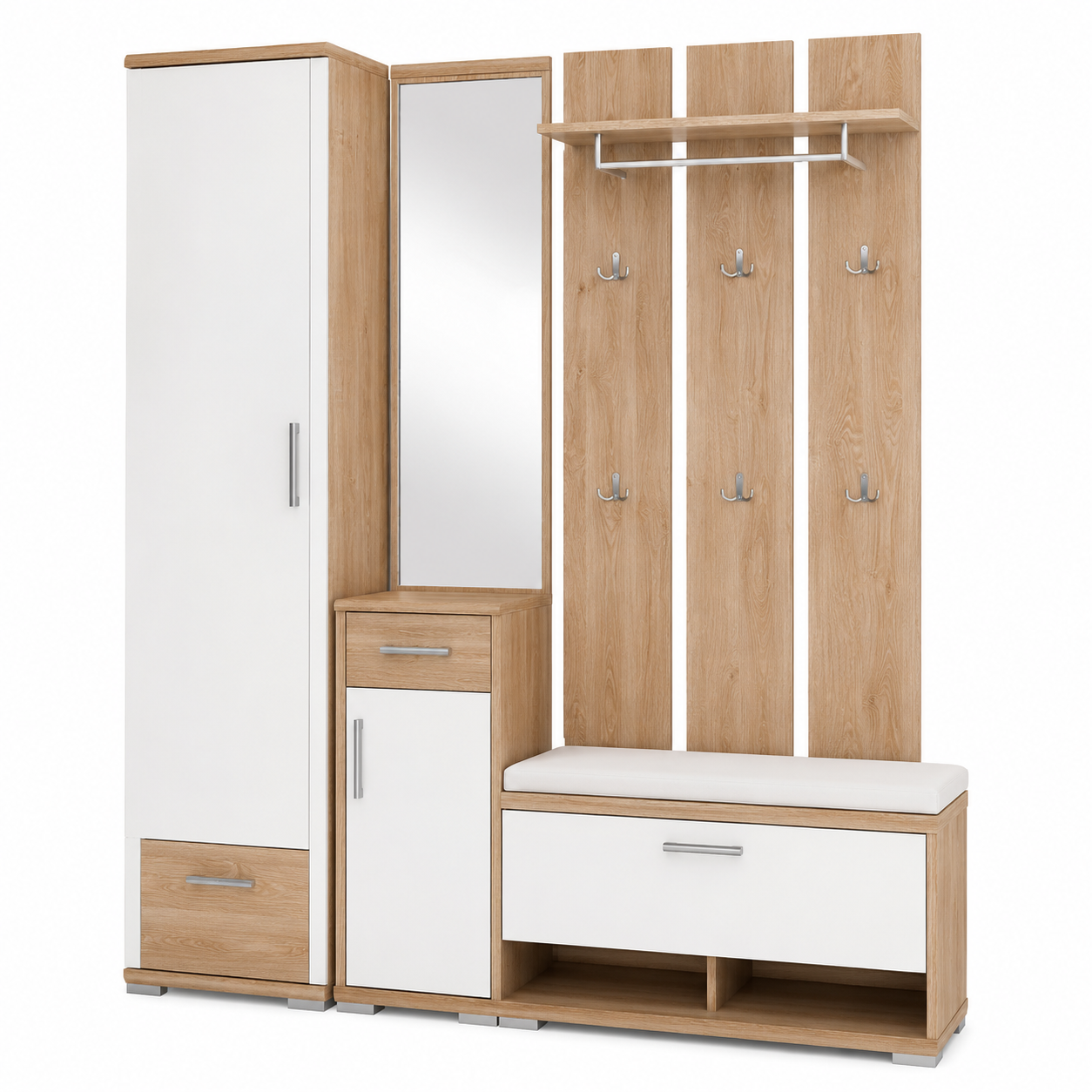 Garderobenset Weiß Eiche mit Schuhbank und Paneel 180 cm
