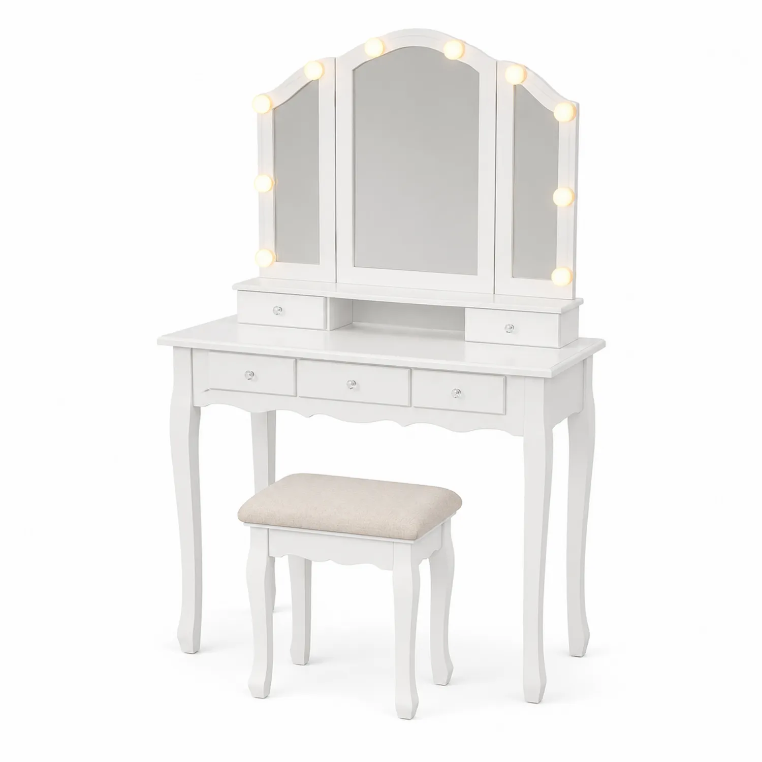 Schminktisch Set aus MDF mit Hocker und LED Spiegel Weiß-Mivterra