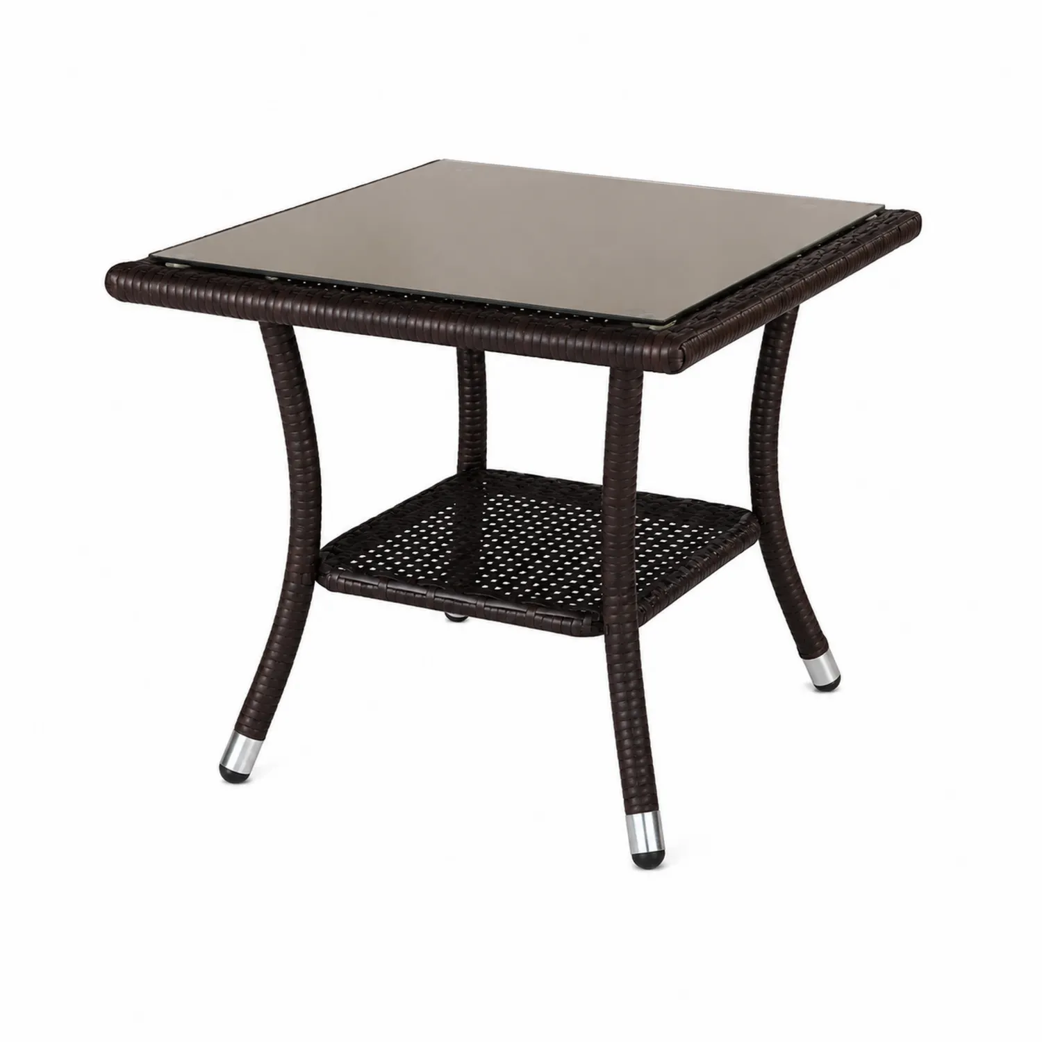 Quadratischer Beistelltisch mit Glasplatte und Polyrattan, 55x55x45 cm, Braun-Mivterra