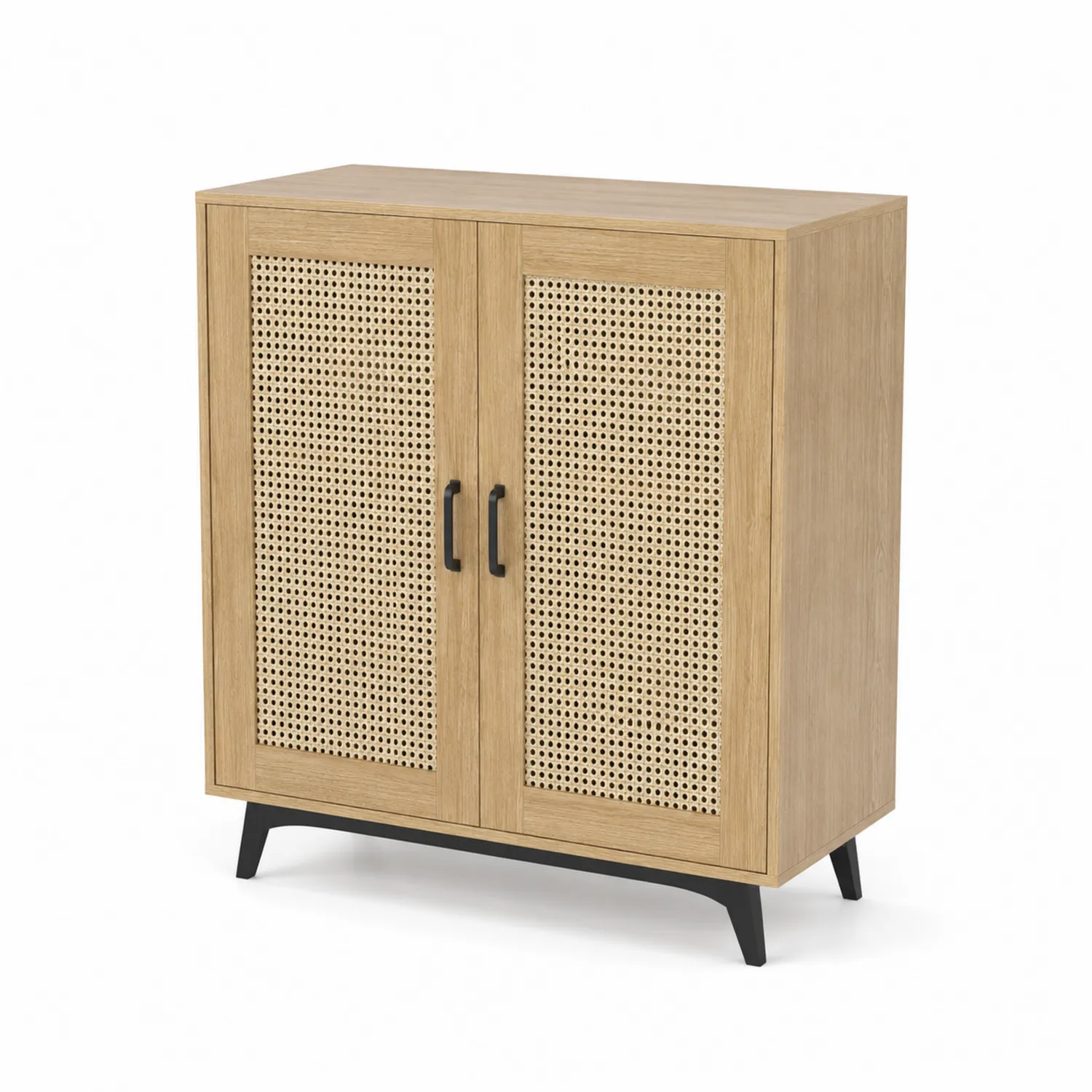 Schuhschrank Eichenholz mit Rattan Holztüren 80x35x100 cm Natur-Mivterra