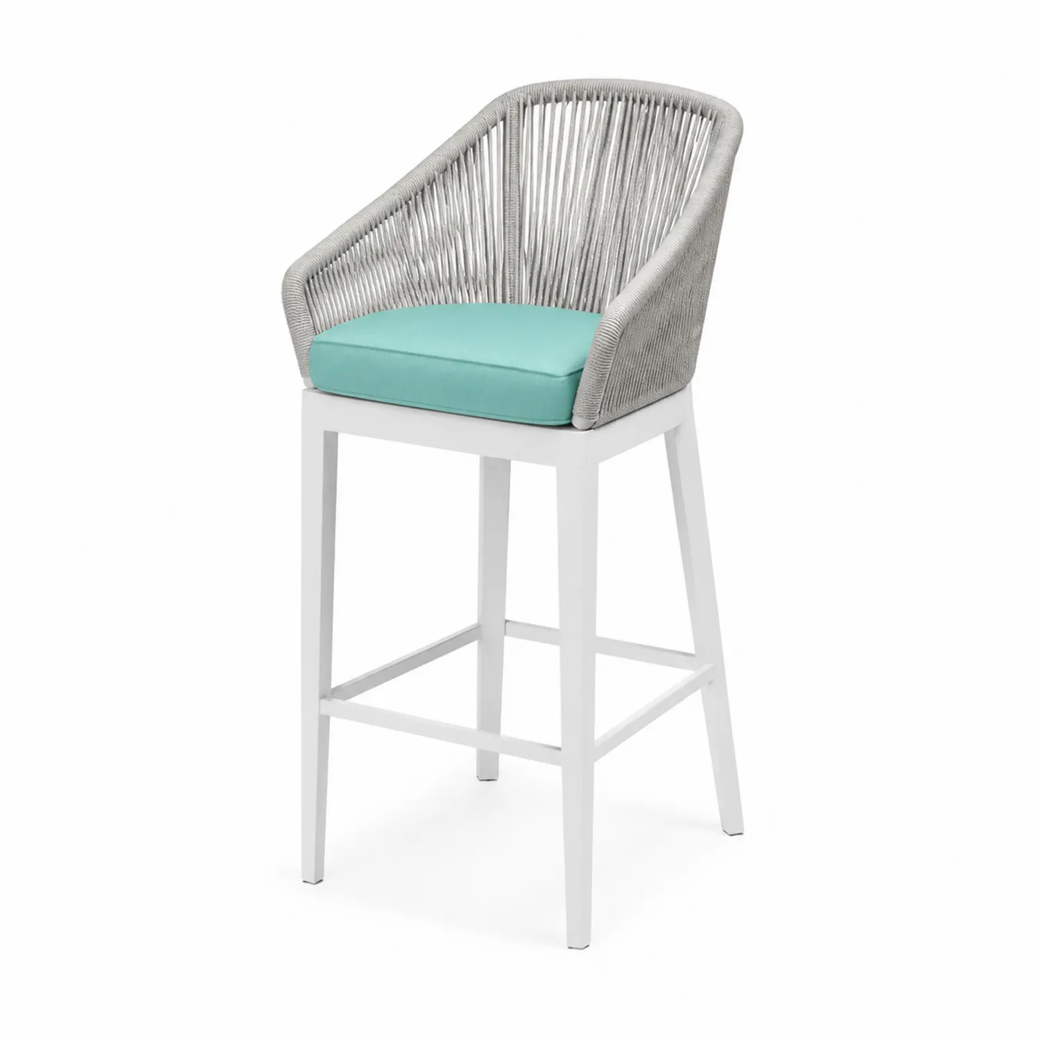 Barhocker aus Aluminium und Seilgeflecht mit Polyesterkissen in Weiß und Türkis 100 cm-Mivterra