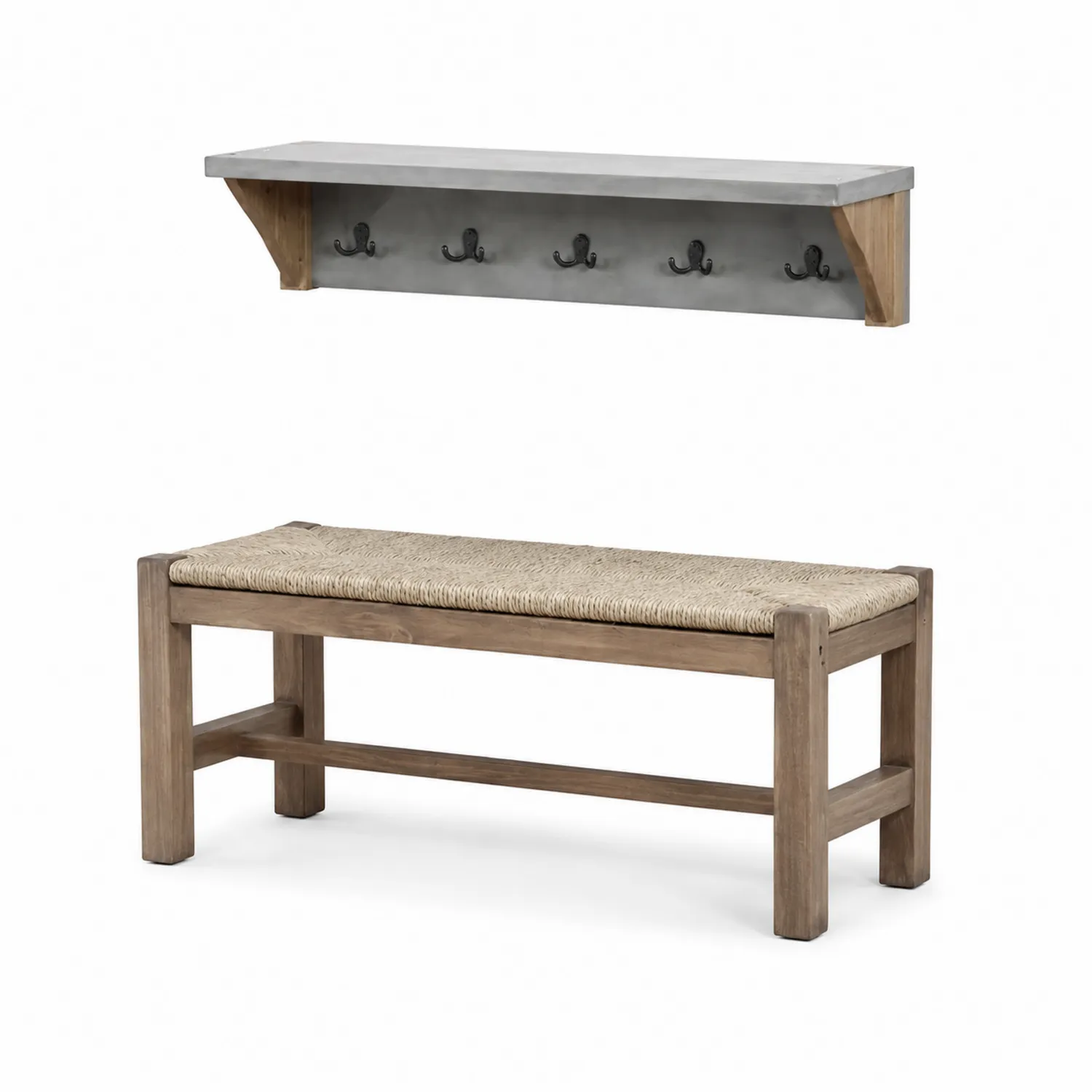 Garderoben-Set mit Hakenleiste und Bank aus Massivholz und Naturgeflecht, Grau/Natur-Mivterra