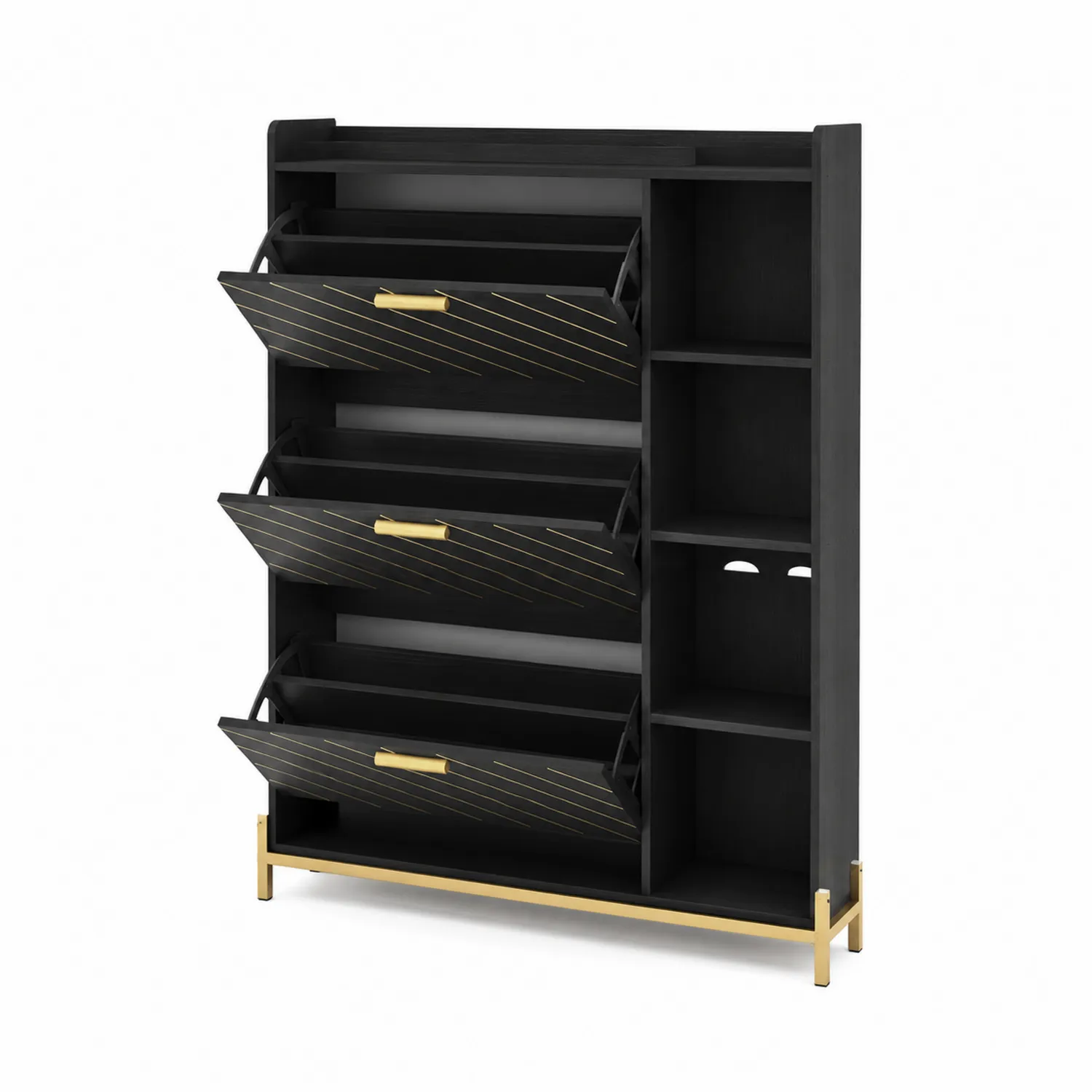 Schuhschrank aus Spanplatte Schwarz mit Goldakzenten