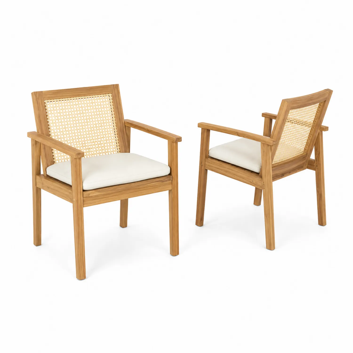 Gartenstuhl 2er-Set Teakholz Rattan mit Armlehnen Natur Beige