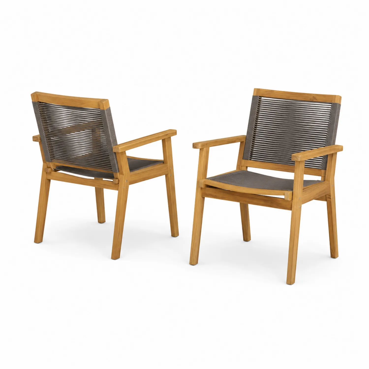 2er-Set Garten-Esszimmerstuhl aus Teakholz und Schnur, Natur/Grau