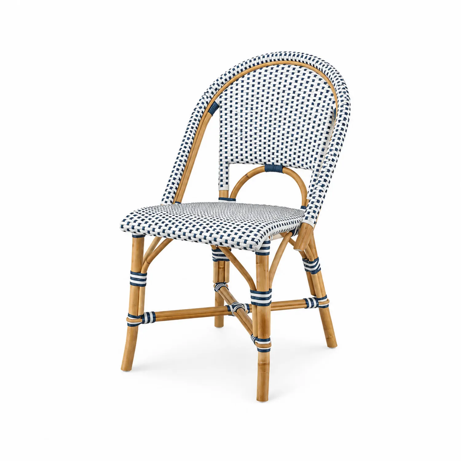 Rattanstuhl mit Kunststoffgeflecht Blau/Weiß