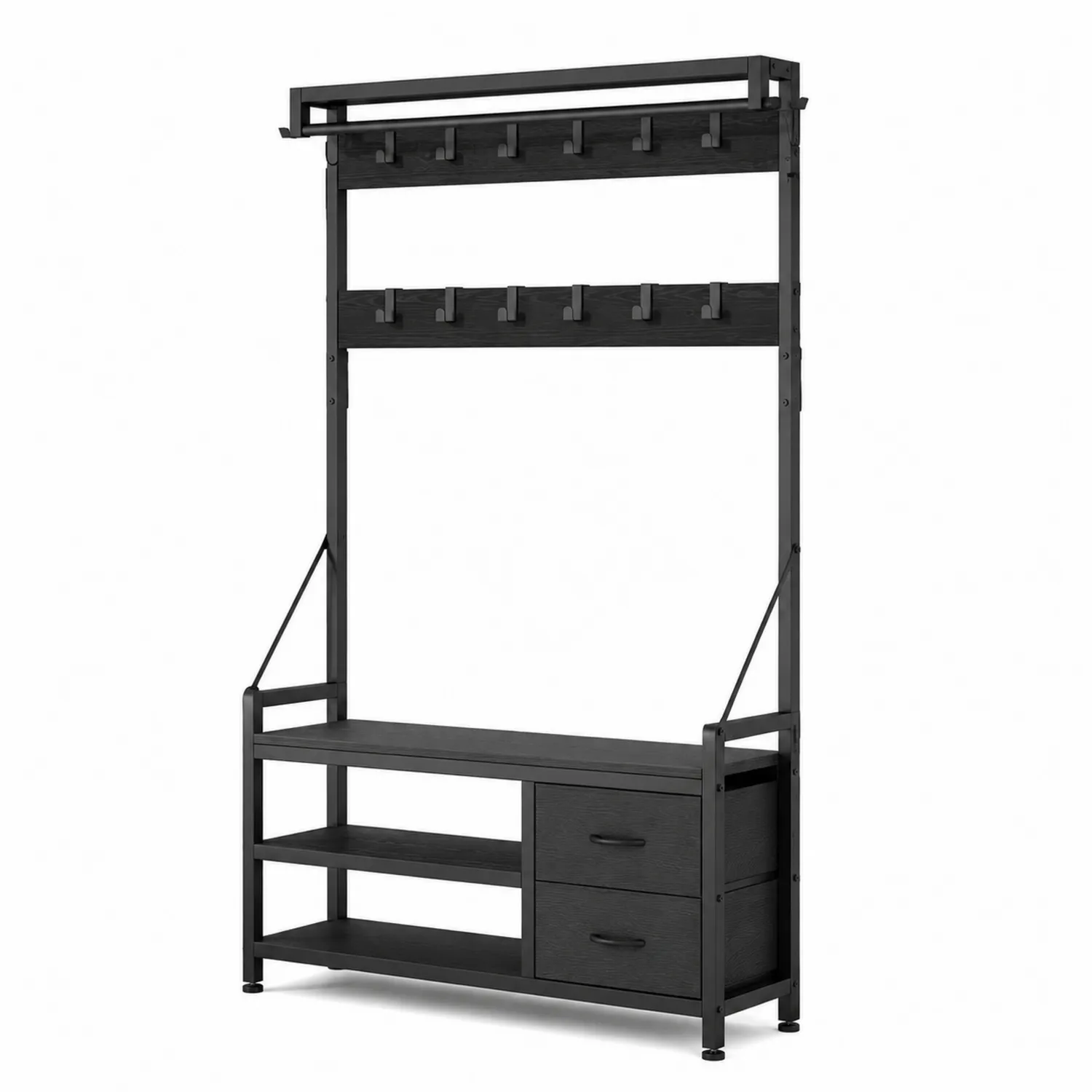 Schwarzes Garderoben-Set aus Metall mit 10 Haken, 2 Regalen und 2 Schubladen