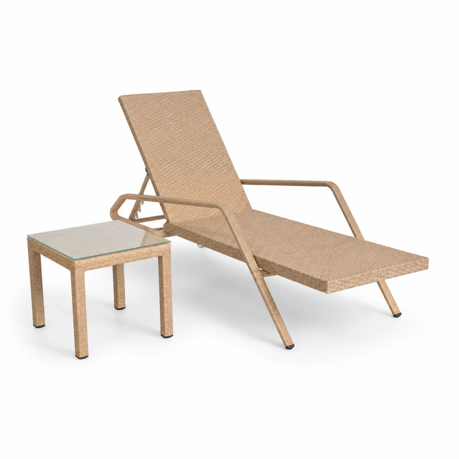 Outdoor-Liegestuhl-Set aus Polyethylengeflecht mit Tisch Beige