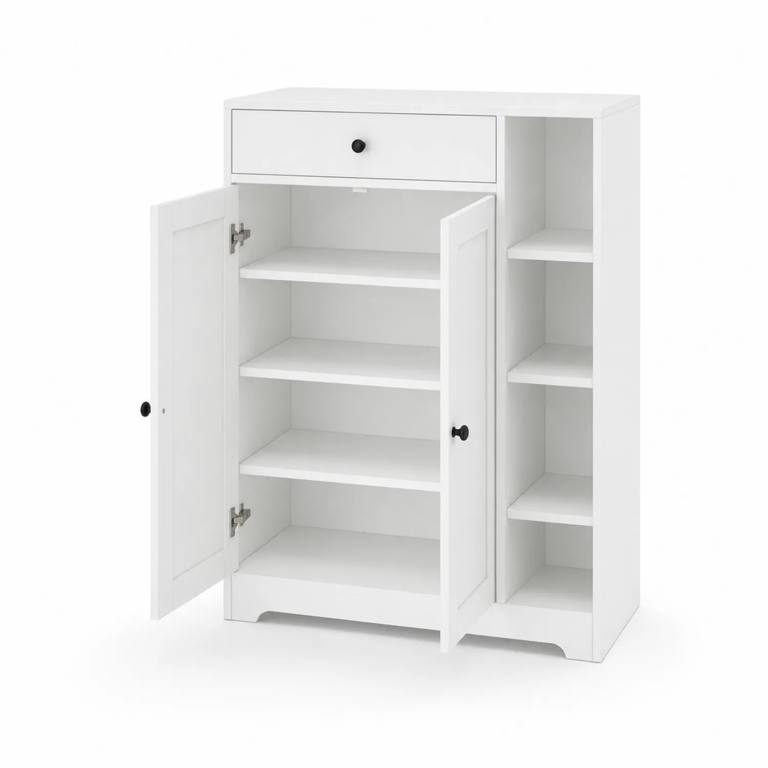 Weiße MDF-Schuhschrank mit Schublade und Regalböden