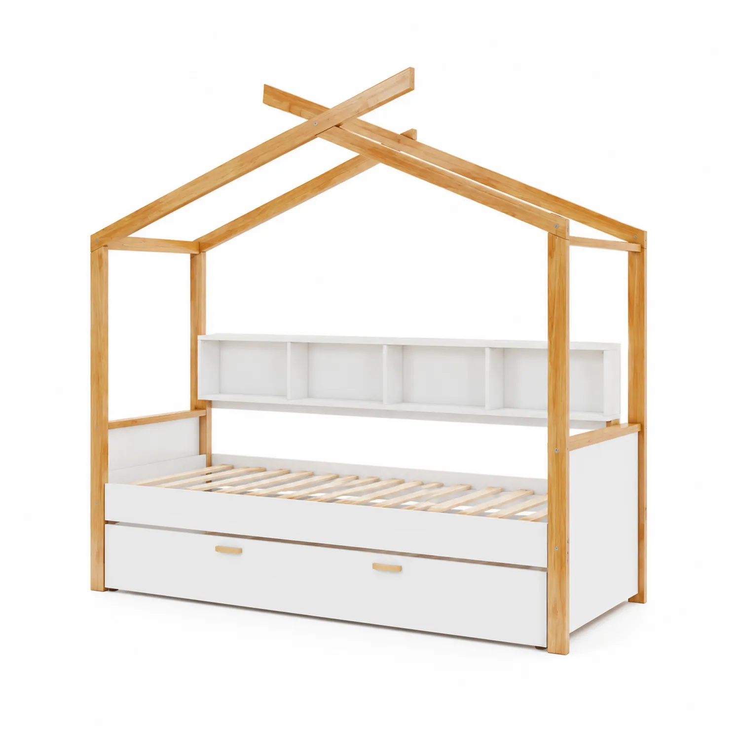 Kinderbett Hausform Kiefernholz MDF Weiß Naturholz 200x90cm
